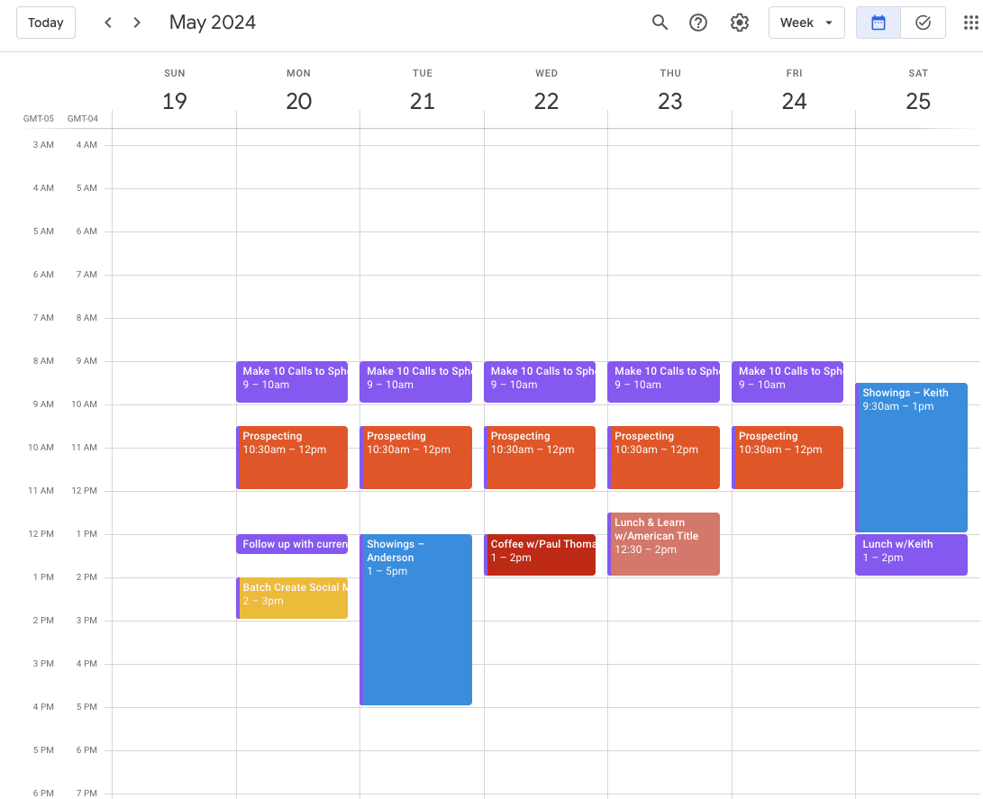 Screenshot of calendar with colored time blocks for sphere calls, prospecting, content creation, and follow up